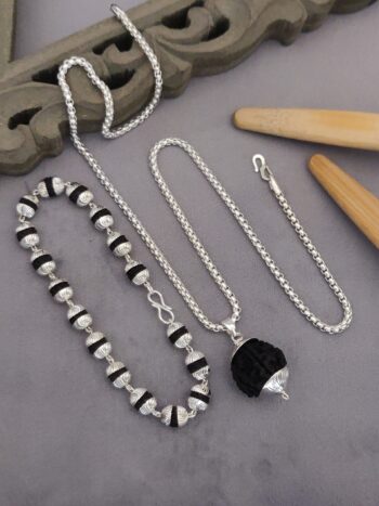Silver platd verticl rudrax bracelet+pendent+chain